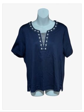 NWT Cathy Daniels Navy Ship Shape Embroidered 2Fer Top Sz Medium